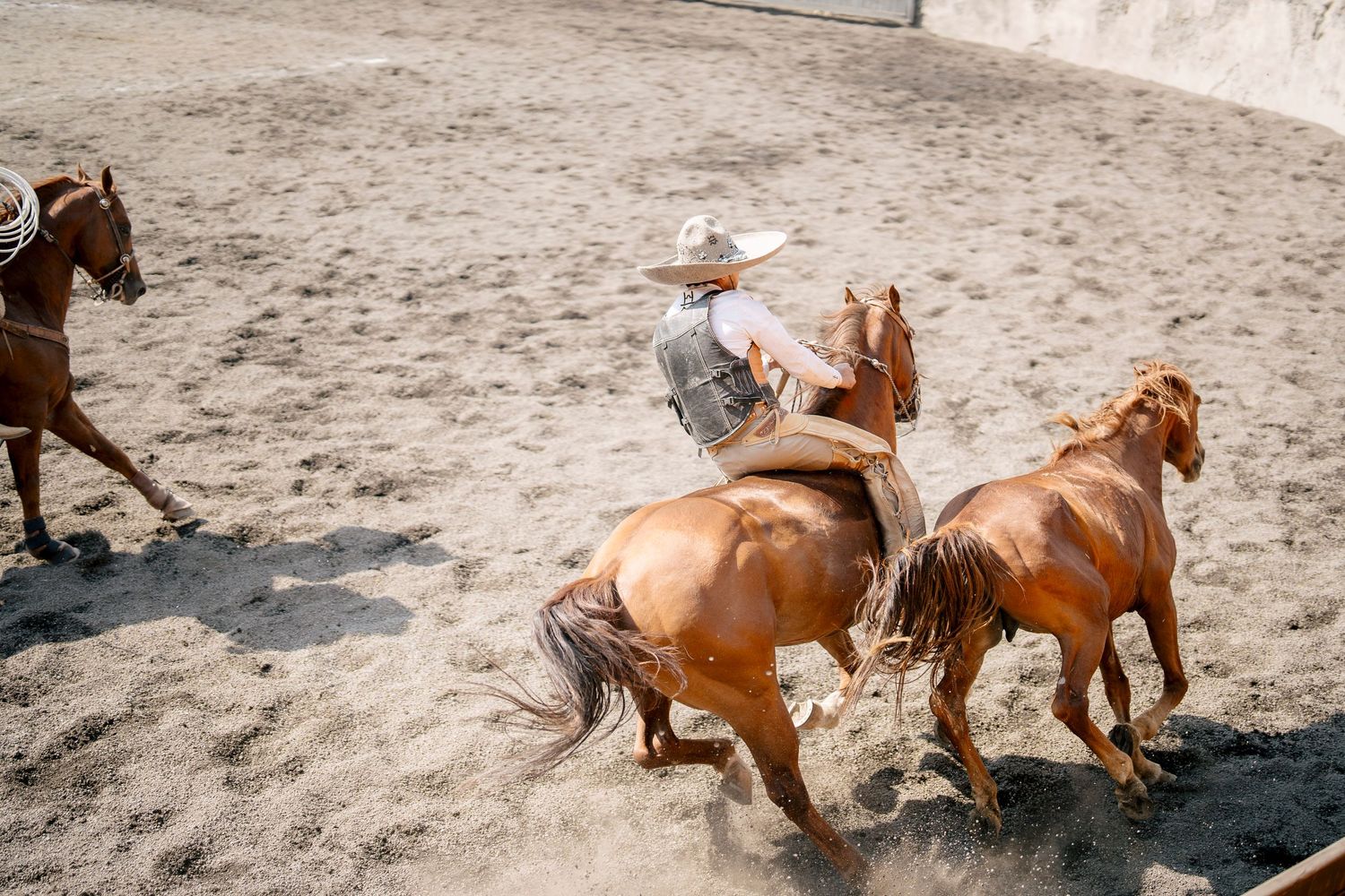 A cowboy in a white hat herding brown horses in a dusty rodeo arena.