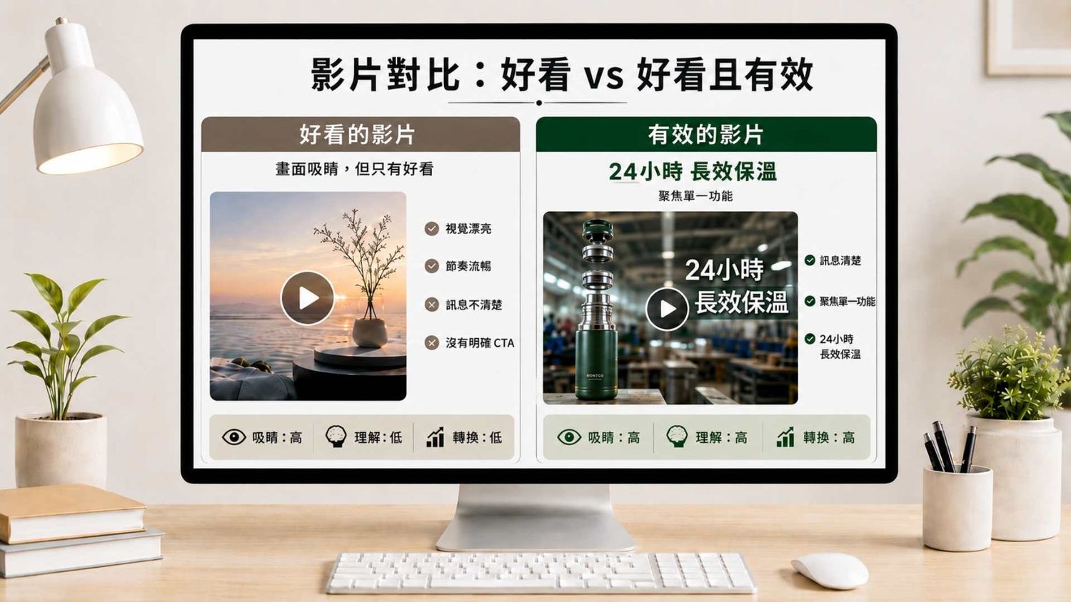 A computer monitor displays a Chinese-language presentation comparing good-looking vs effective videos with green design elements.