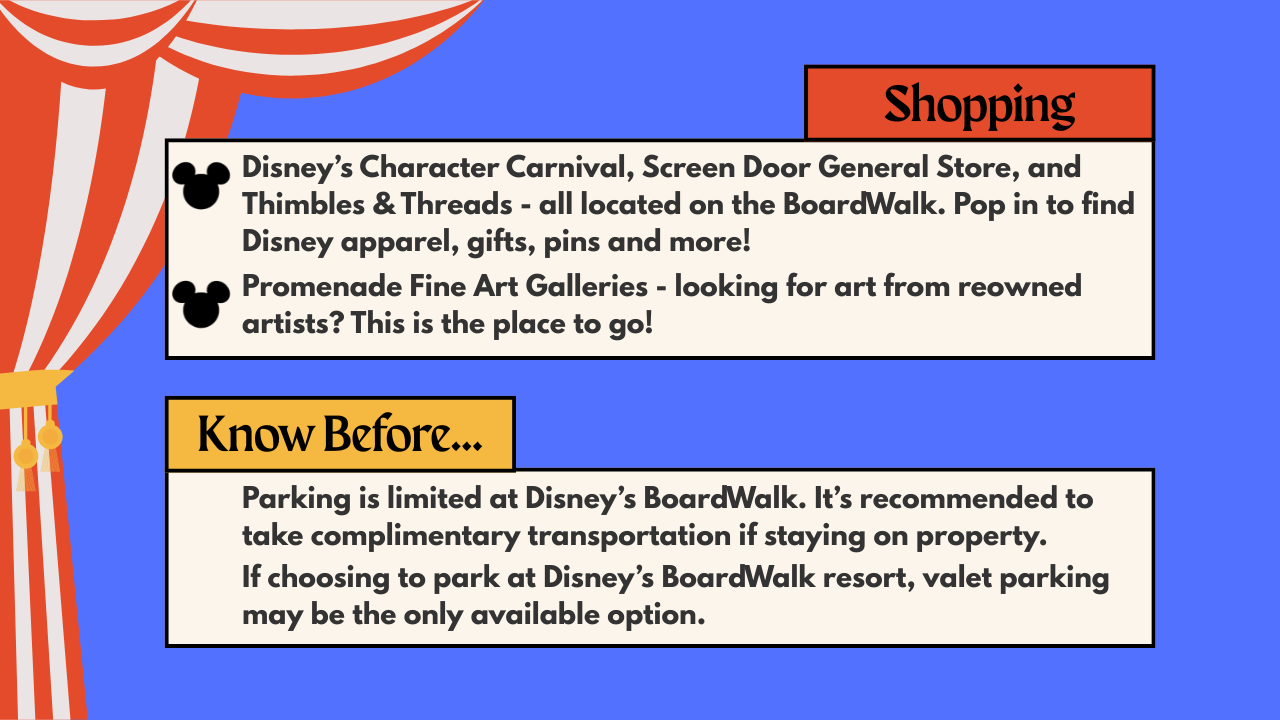Blue information panel showing dining and shopping options at Disney's Boardwalk.