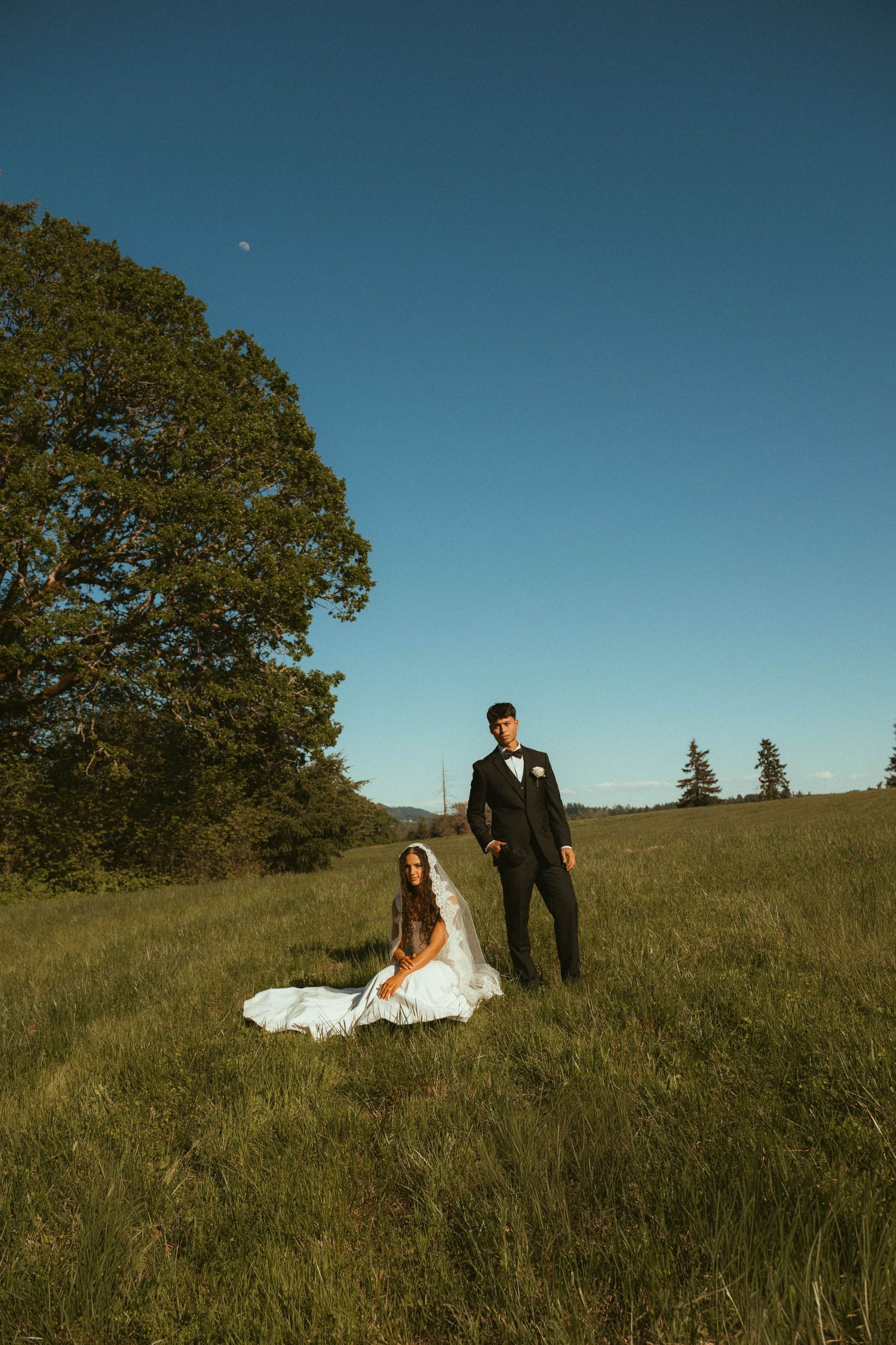 Bride in white gown sits in green meadow as groom stands beside her under clear blue sky near large oak tree.