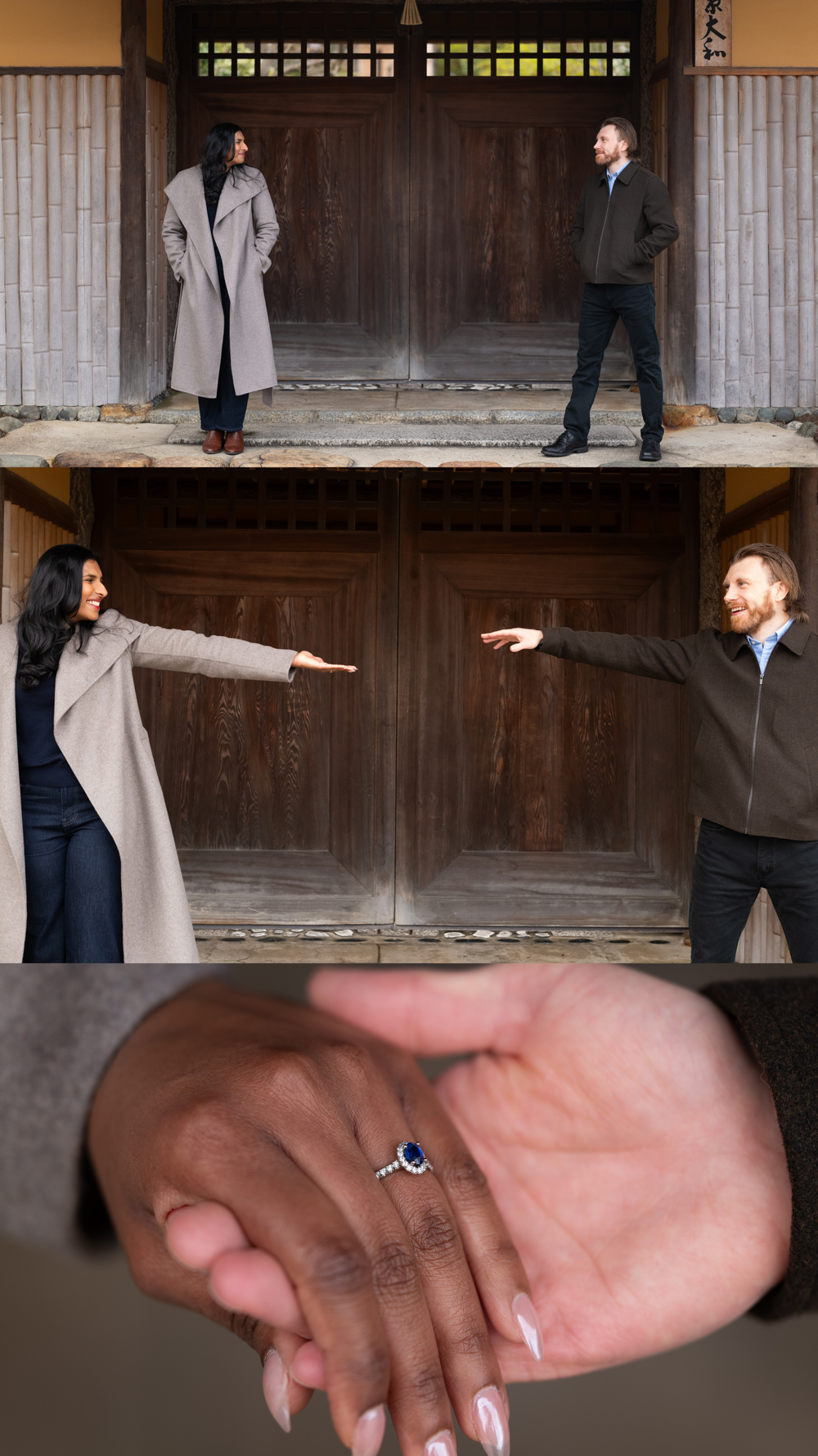 Couple reaching toward each other at wooden temple gates, with a sapphire engagement ring closeup.
