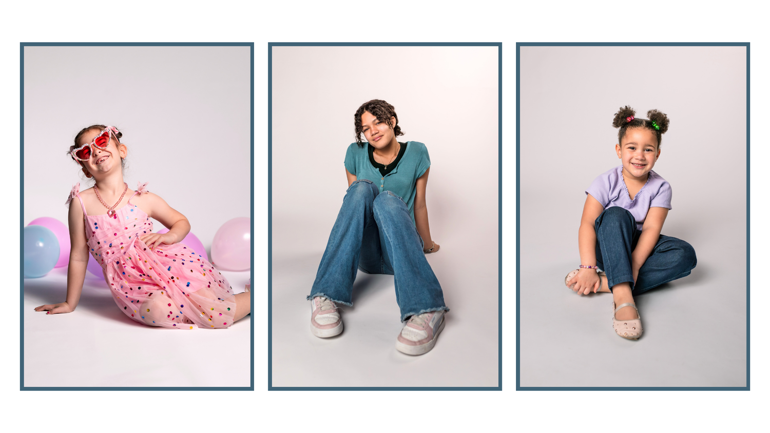 A collection of children's photos showing various casual poses and sitting positions against a light background for personality portraits