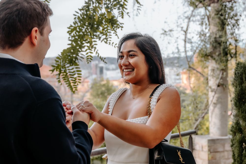 Celebration jump near Magic Fountain Barcelona proposal photographer BarcelonaLoversPH