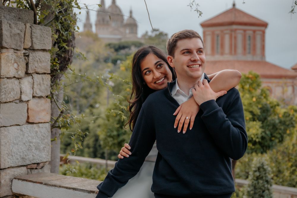 Couple celebrating near waterfall area Montjuïc Barcelona Romantic proposal BarcelonaLoversPH