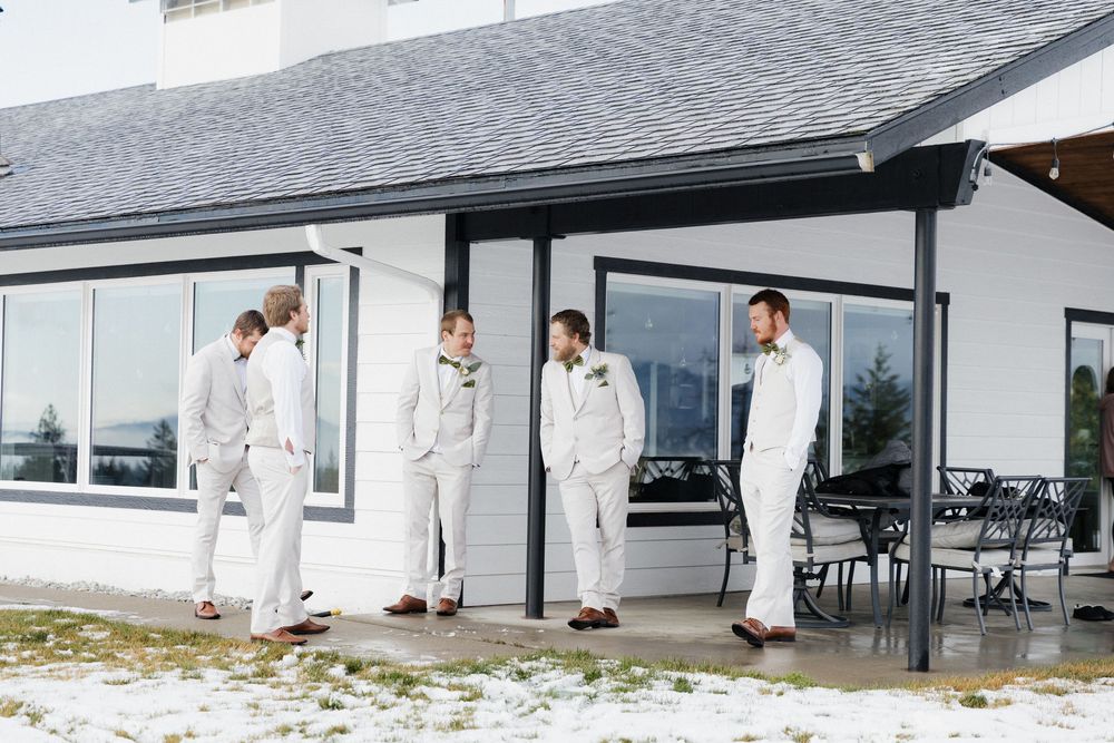 A series of exterior shots showing a modern white house with patio furniture and landscaping.