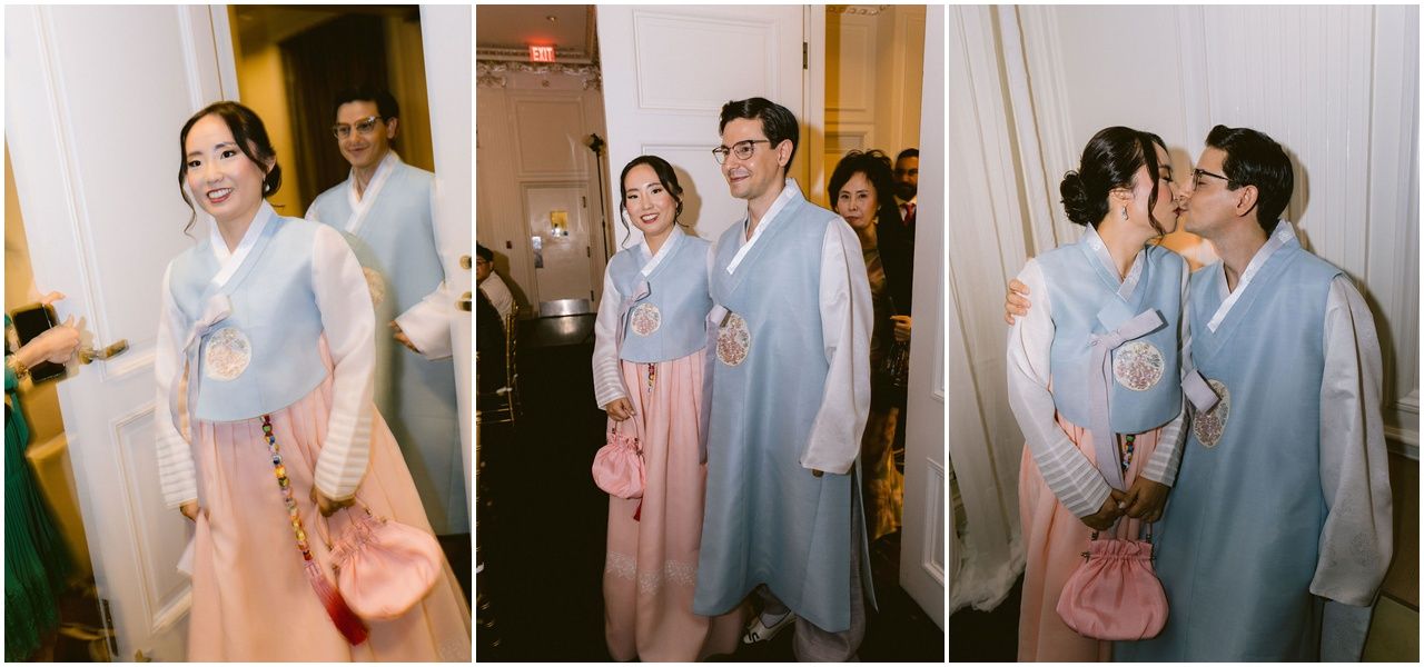 A couple shares an intimate moment during their reception in soft pastel Korean wedding outfits.