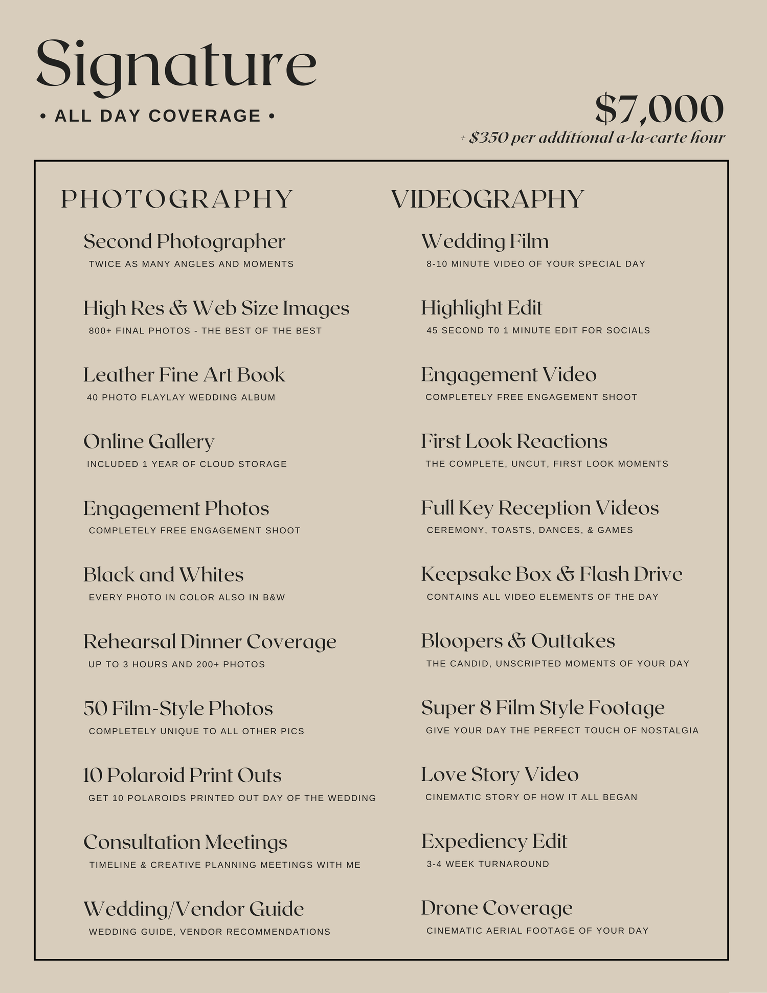 A wedding photography pricing menu displays various packages and services including albums, videography, and coverage options.