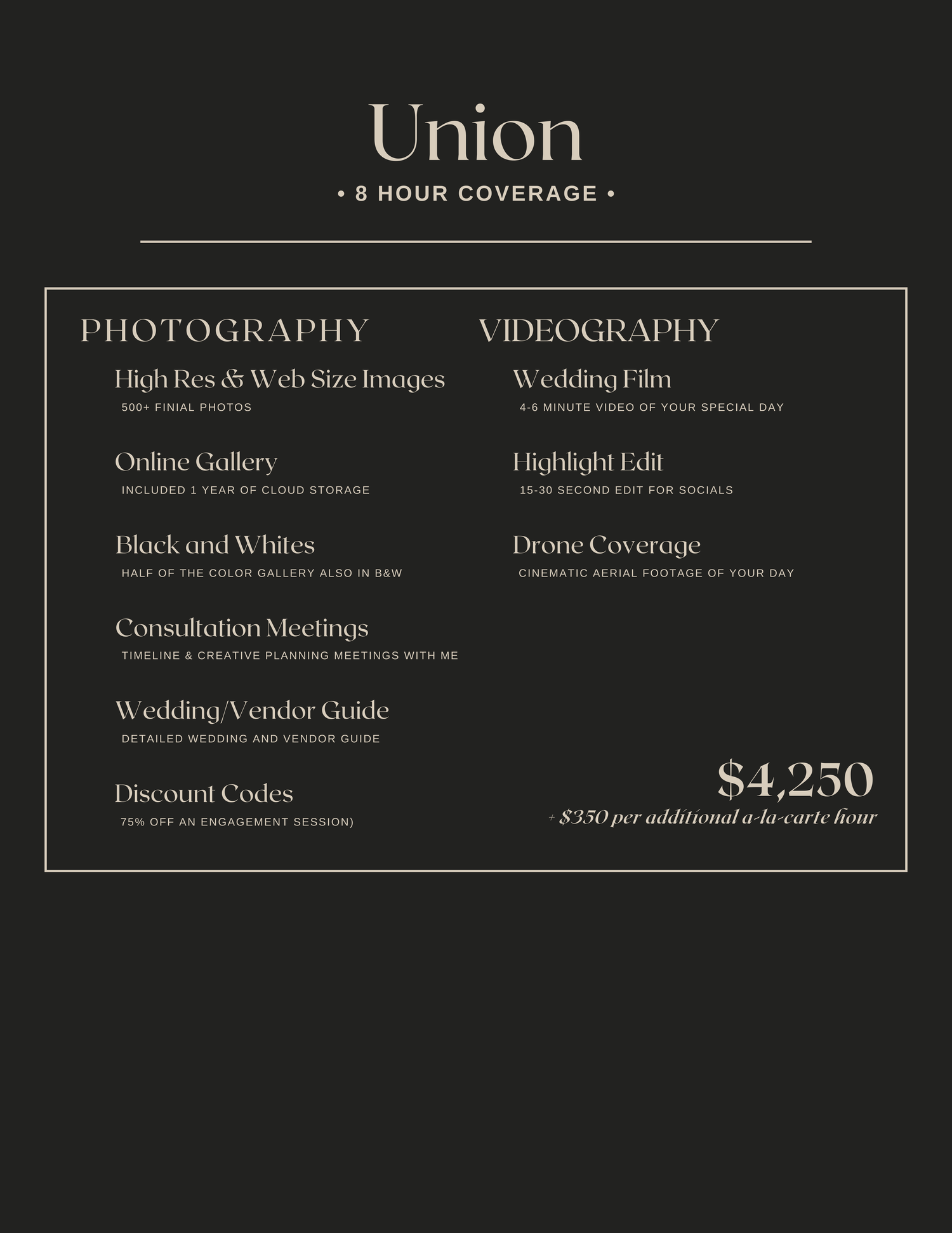 A wedding photography and videography pricing menu titled 'Union' displaying services and packages for $4,250.