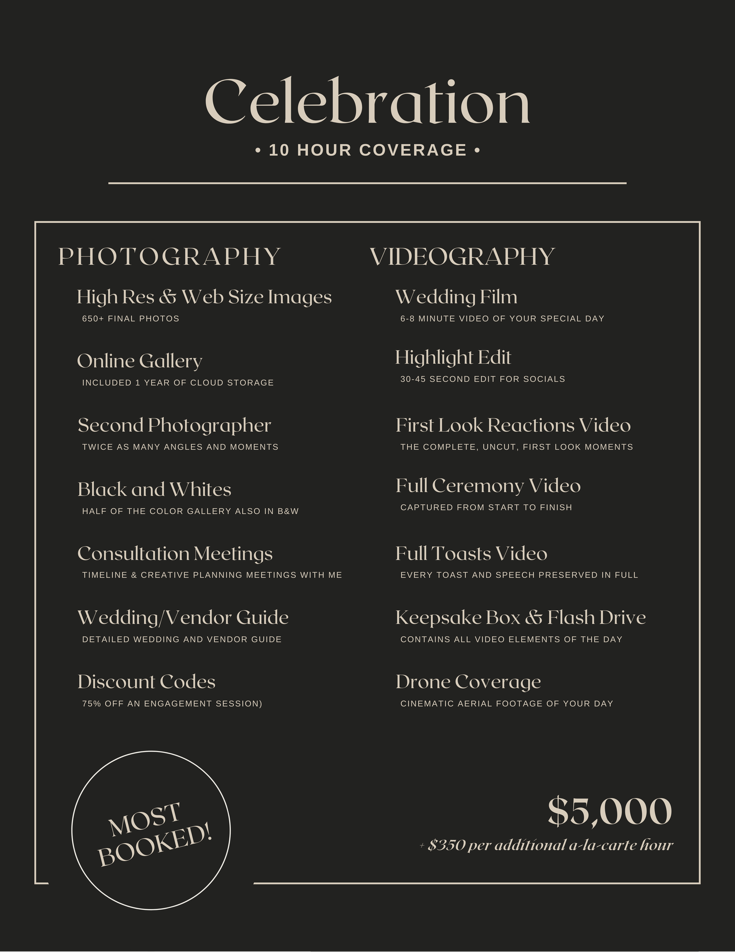 Wedding photography and videography pricing menu showing celebration packages and services against a dark background.