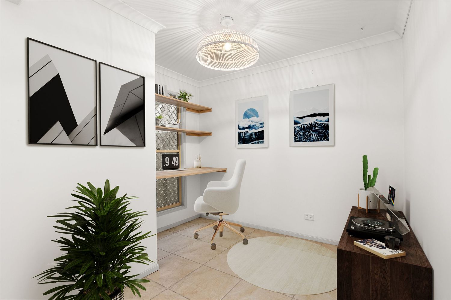 Stylish home office with white desk chair, floating shelves, pendant light, and geometric wall art.