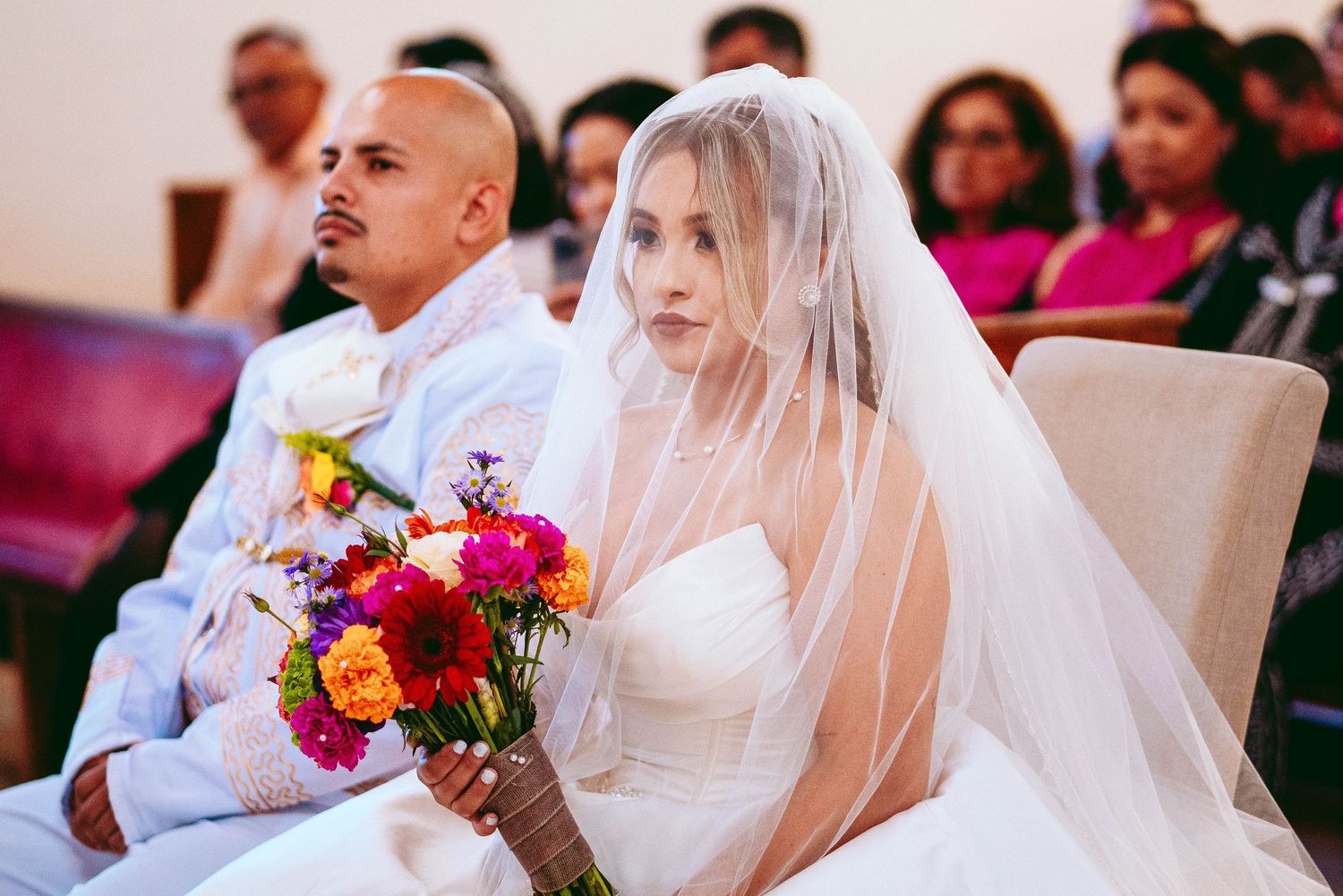 A wedding ceremony montage showing four moments with the bride and groom during their special day.
