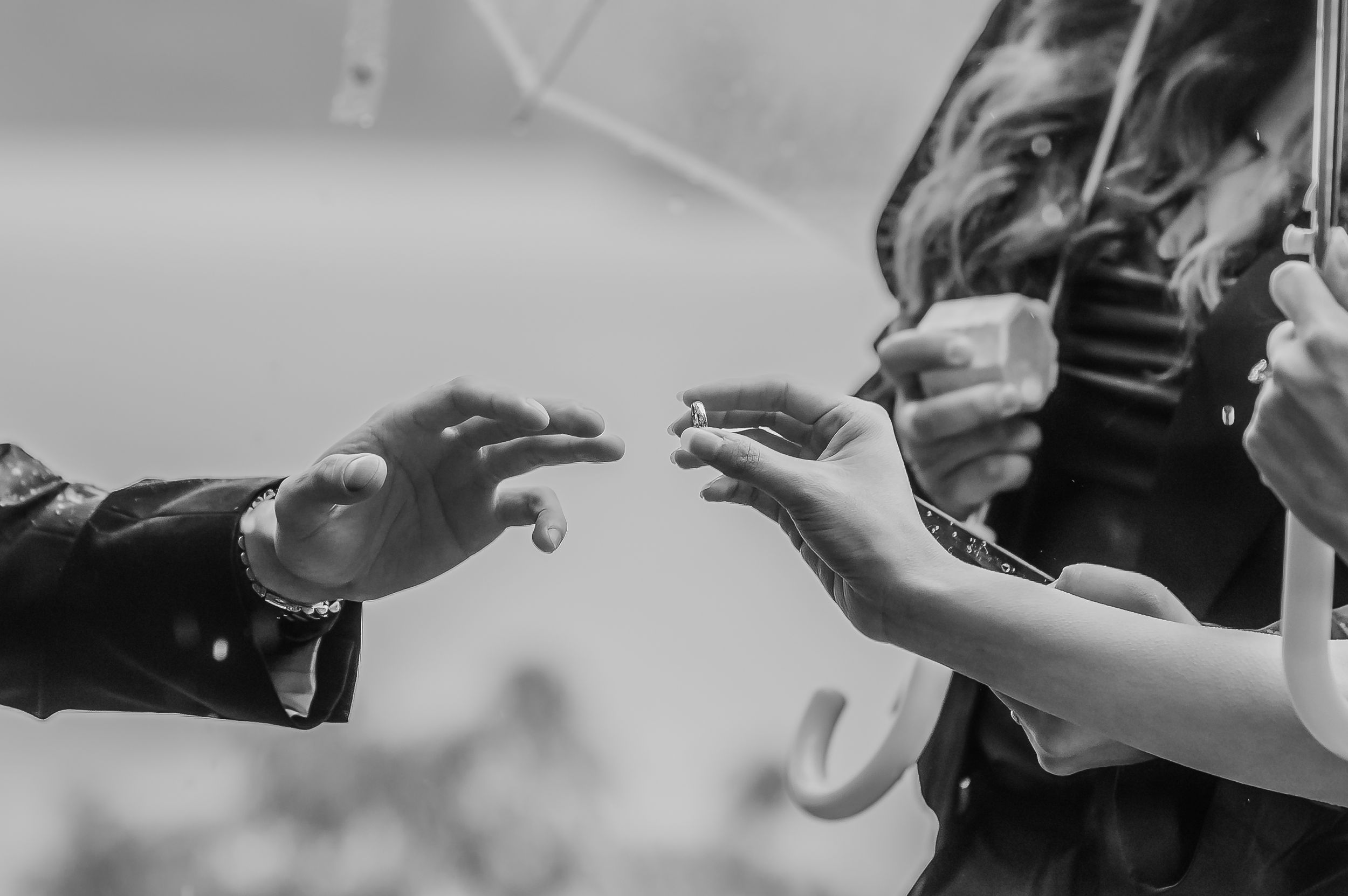 Multiple hands hold up smartphones in a synchronized motion against a light background.