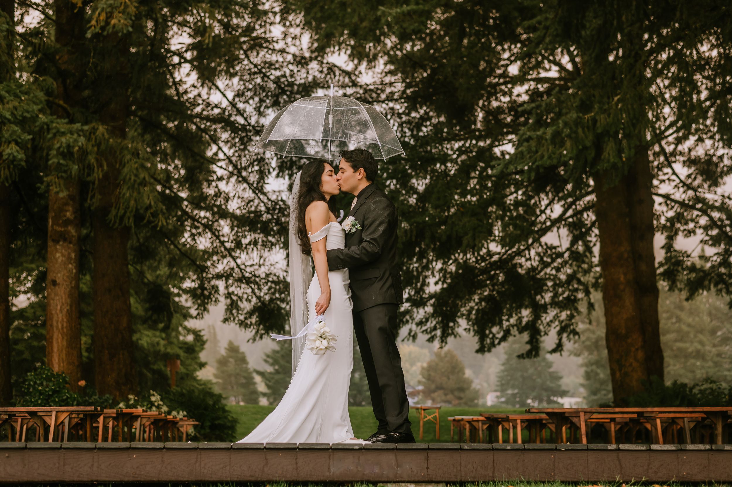 A romantic outdoor wedding ceremony under tall evergreen trees with wooden chairs arranged for guests.