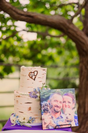 Rustic birch bark vases with purple flowers and photo decorations arranged outdoors against a blurred natural background.