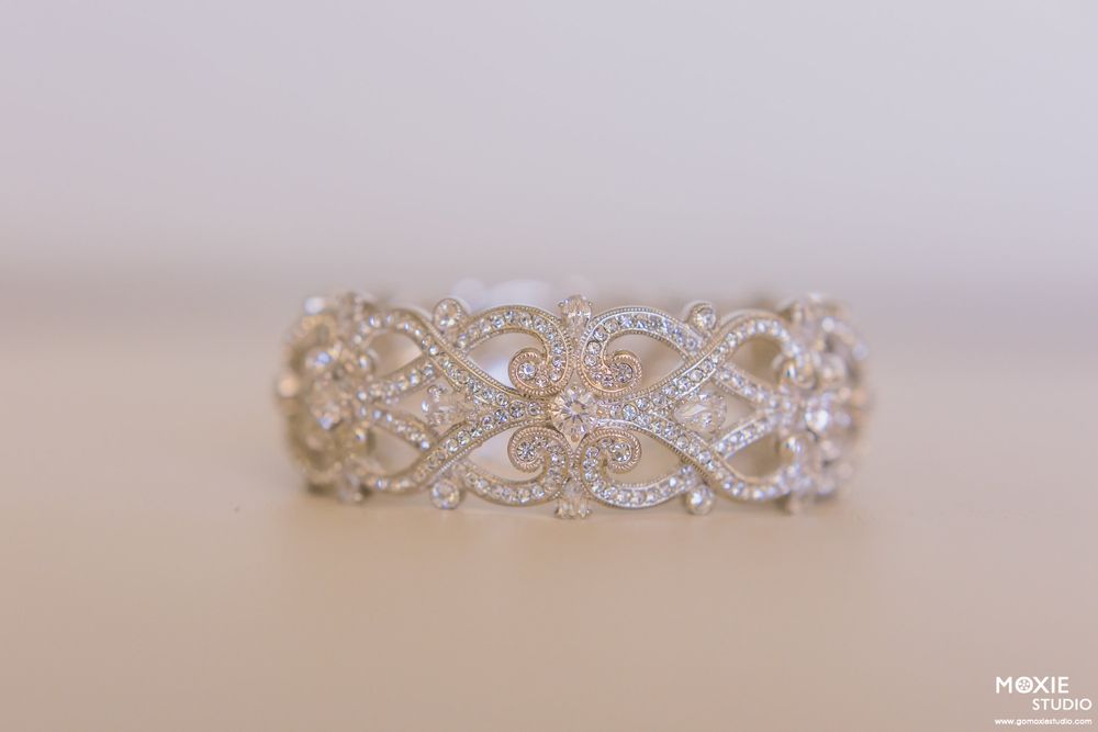 Close-up detail shot of a delicate crystal bridal tiara or hair accessory.