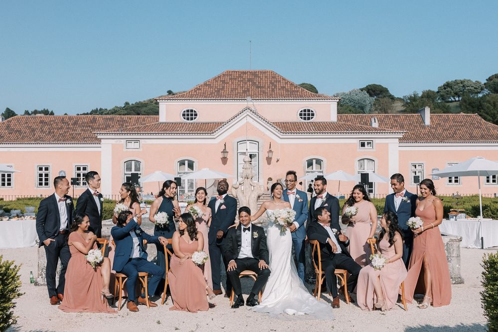 Bridal party portrait at Indian wedding reception at Palácio do Correio-Mor in Portugal