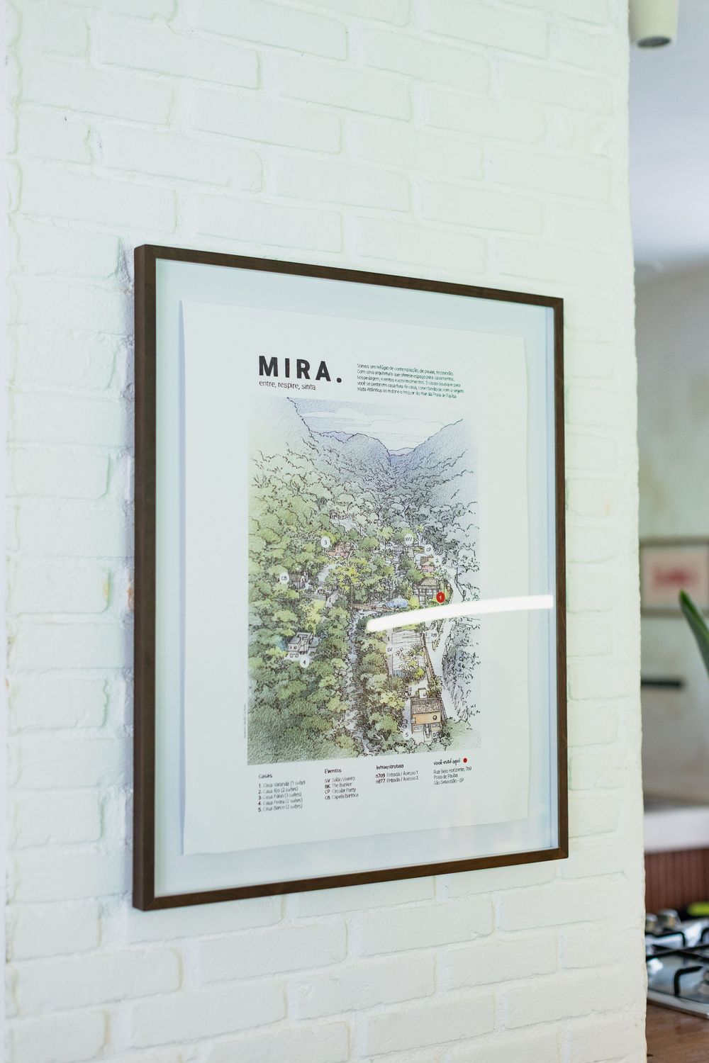 Framed artwork titled 'MIRA' showing a detailed landscape illustration mounted on a white brick wall.