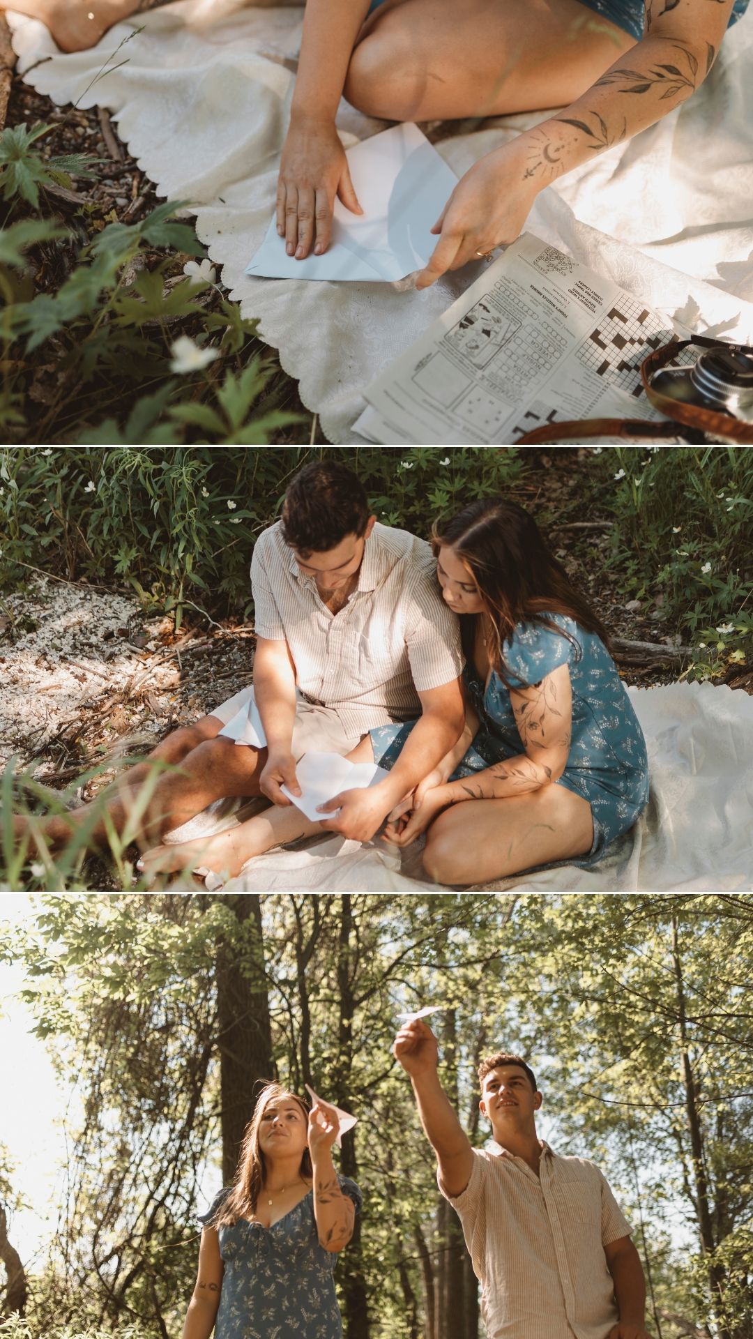 couple fold paper into airplanes at a conservation area on wolfe island, near kingston ontario. things to do photo shoot