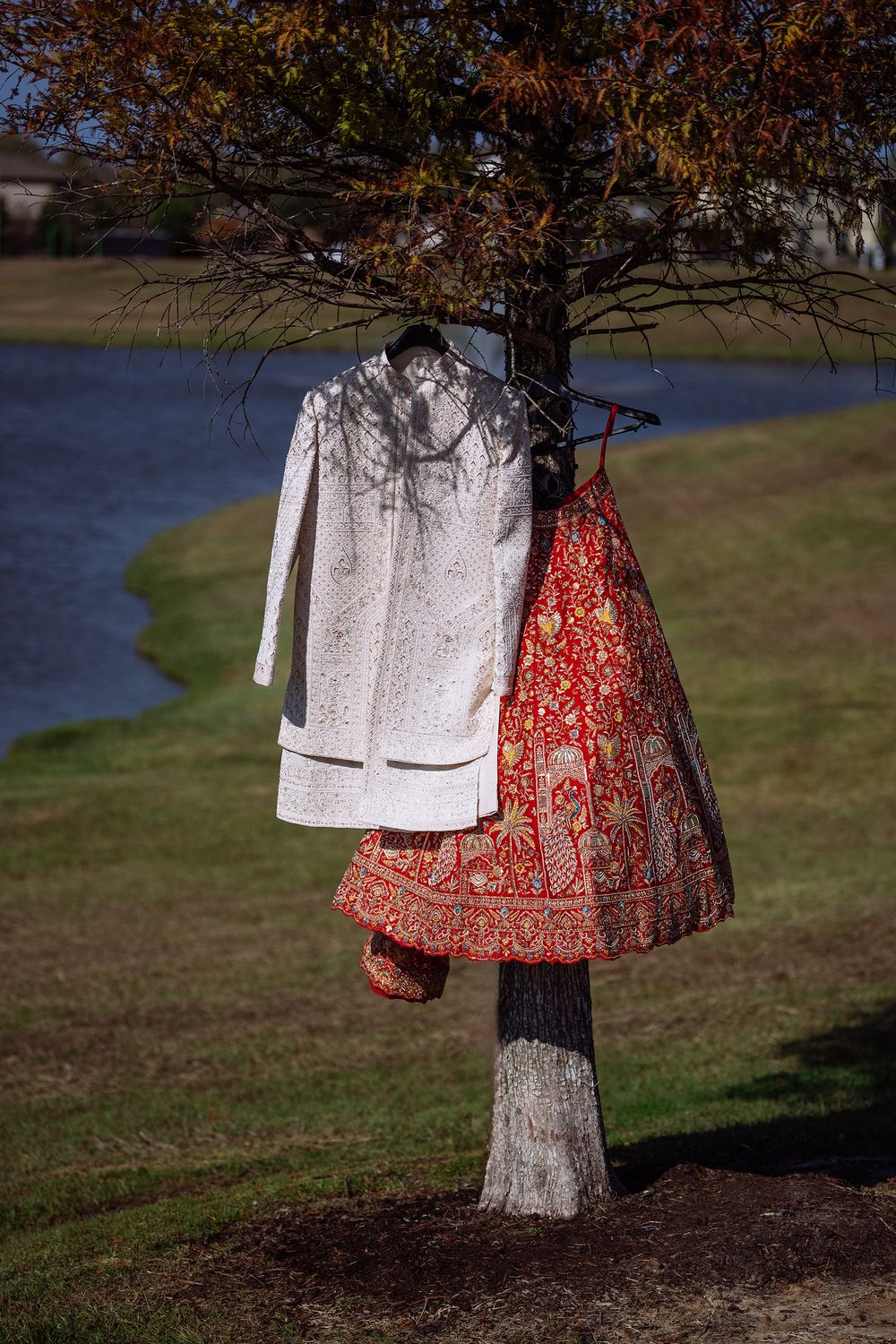 A white jacket and red floral dress hang on a tree branch beside a lake on an autumn day.