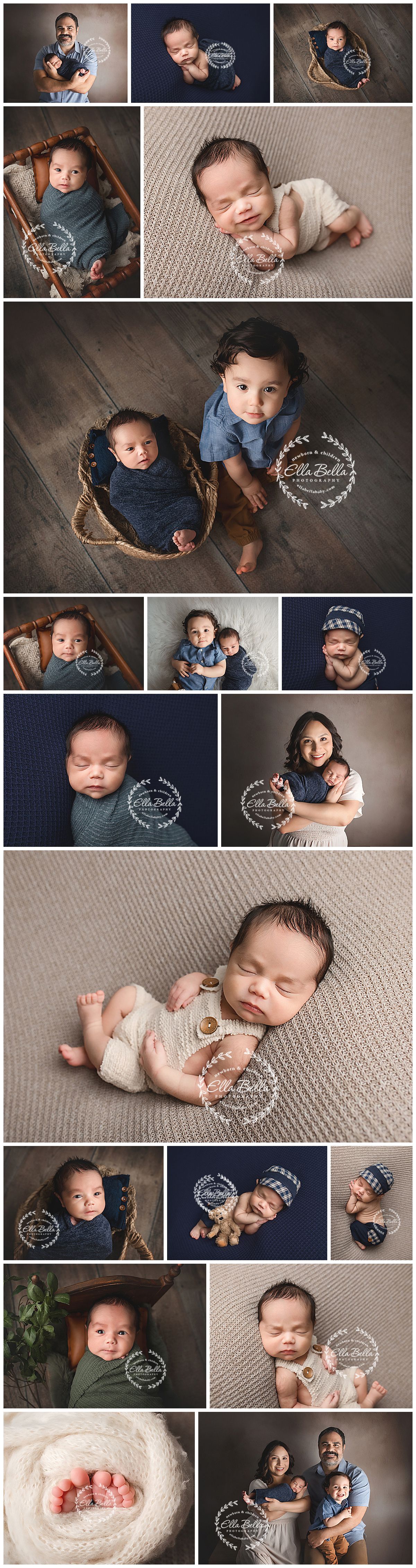 A collection of professional newborn and family portrait photographs featuring blue and neutral tones with studio lighting.