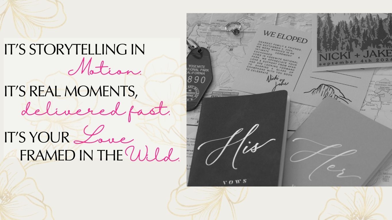 Its storytelling in Motion Its real moments, Delivered Fast Its your Love Framed in the Wild
Yosemite Map, Engagement Ring, Vow Books detail