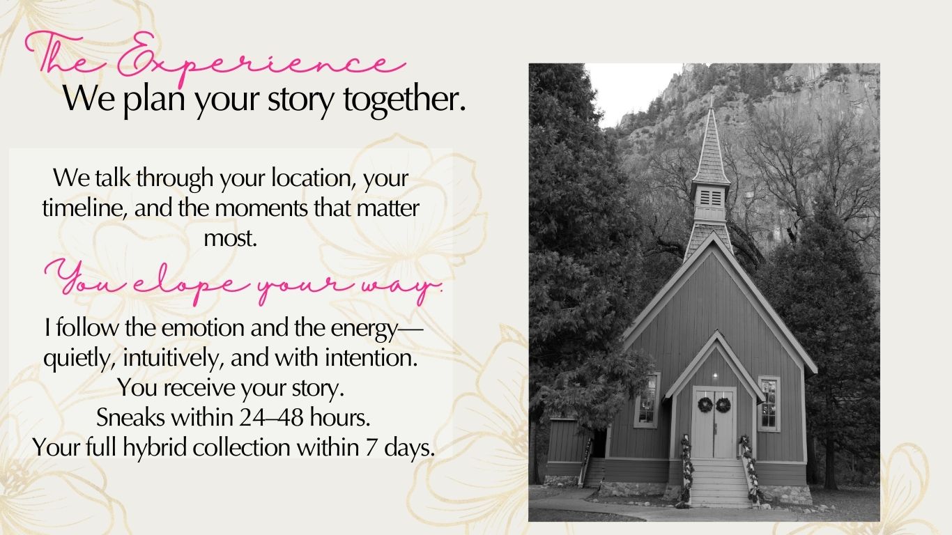 Left: Luxury Content Creation experience: I assist in planning your elopement
Rustic romantic Yosemite Chapel set in pine trees.