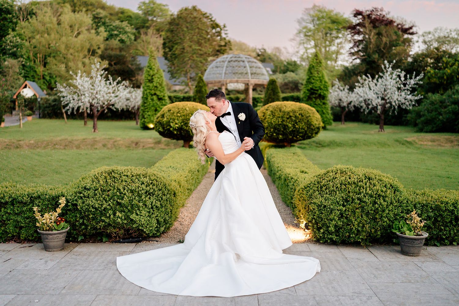 A couple embraces under a clear umbrella in a manicured garden with white blossoming trees and sculpted hedges.