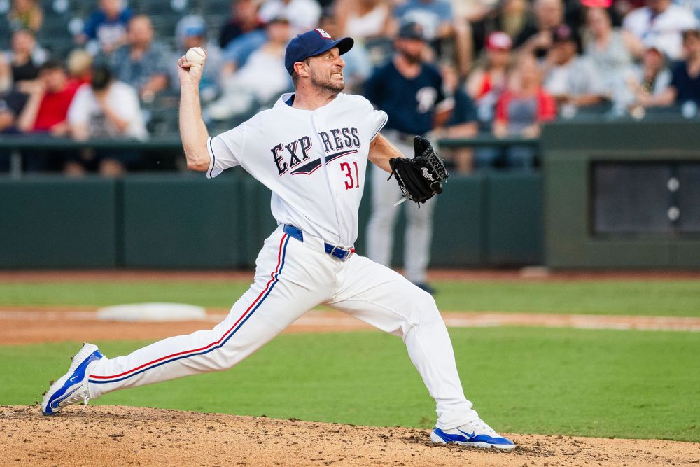 Round Rock Express Max Scherzer pitches during rehab start at Dell Diamond in Round Rock Texas.