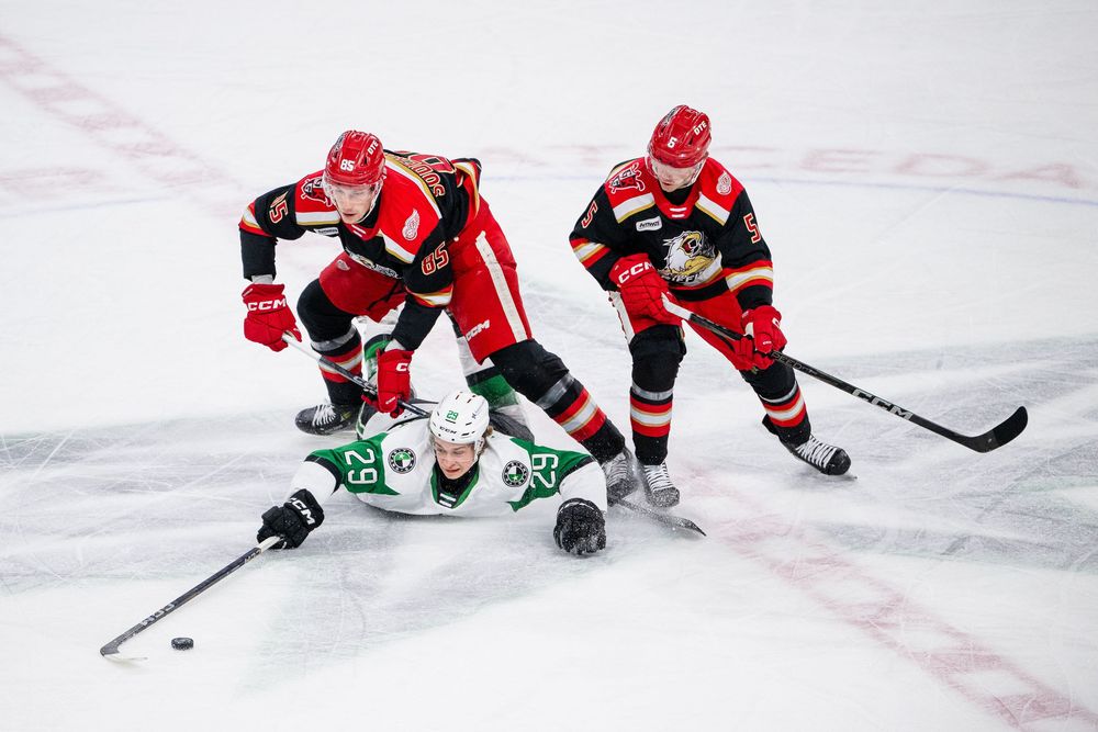 Texas Stars hockey defends the puck agains the Grand Rapid Griffins at HEB Center in Cedar Park, Texas
