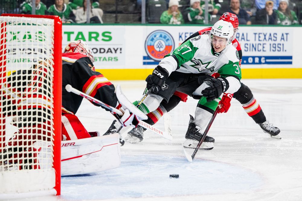 Kyle Looft (37) from the Texas Stars hockey shooting at goal agains the Grand Rapid Griffins at HEB Center in Cedar Park, Texas.