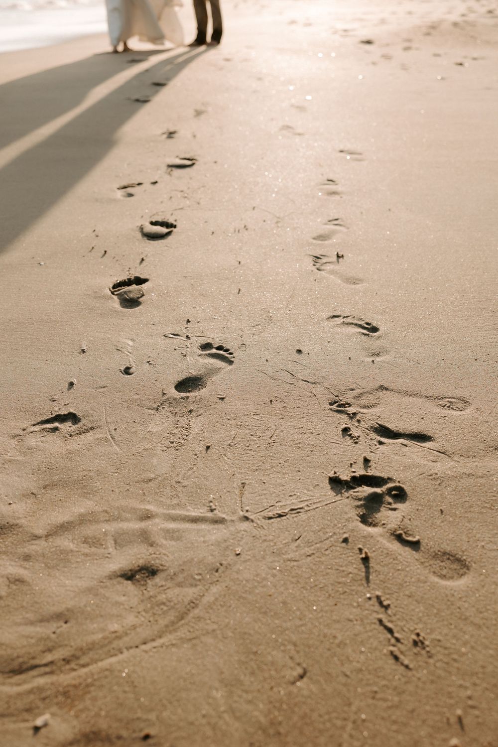 Footprints in the sand along a beach with shadows visible.