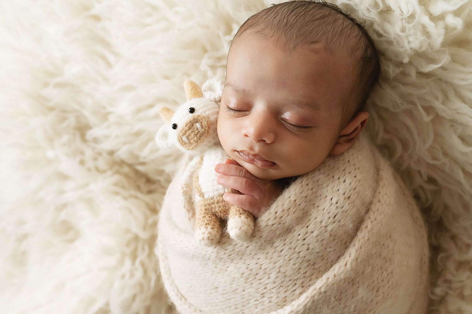 Sleeping newborn with tiny plush toy wrapped in cream knit blanket on textured white backdrop.