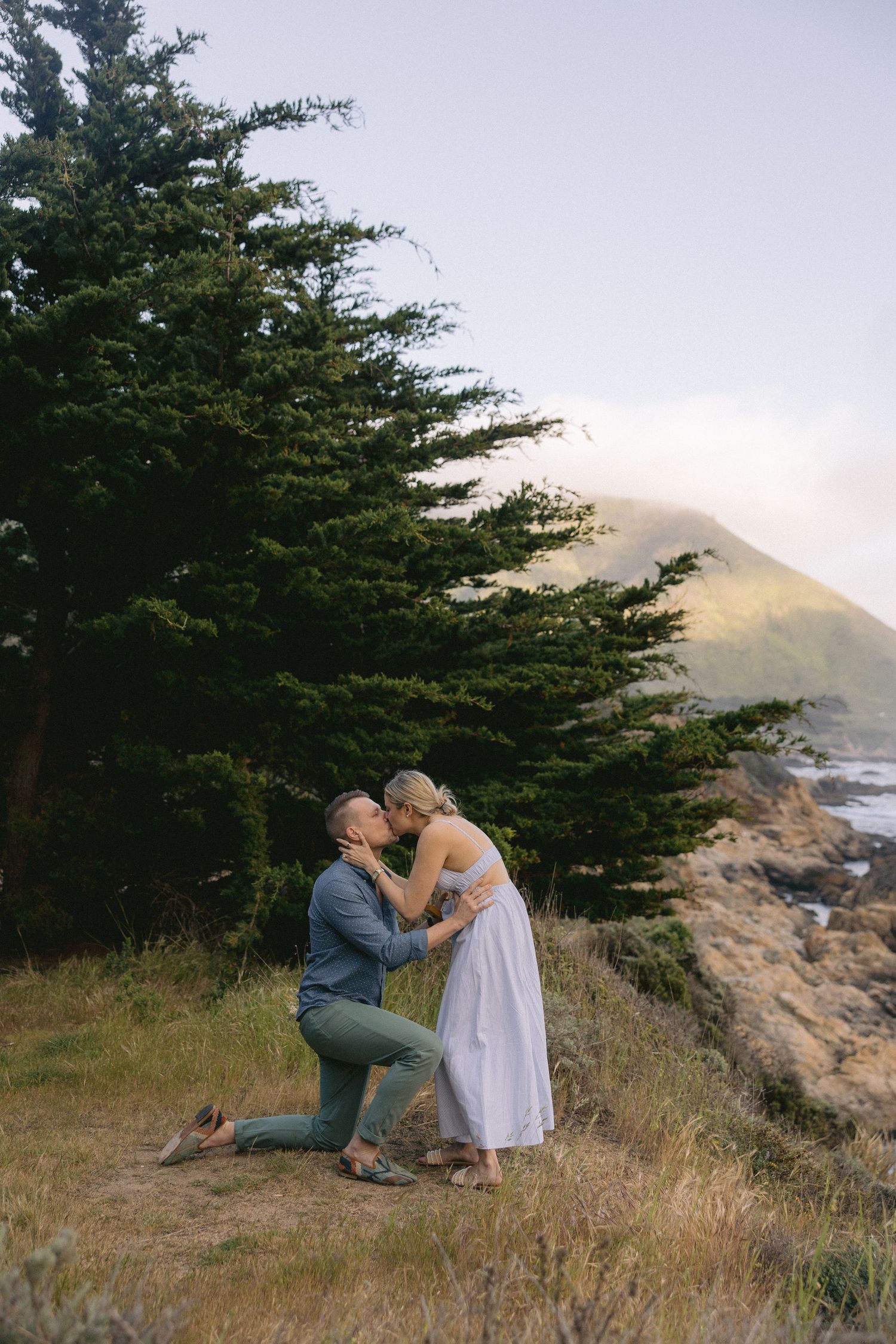 A romantic coastal proposal moment on a cliff overlooking the ocean, with a large cypress tree in the background.