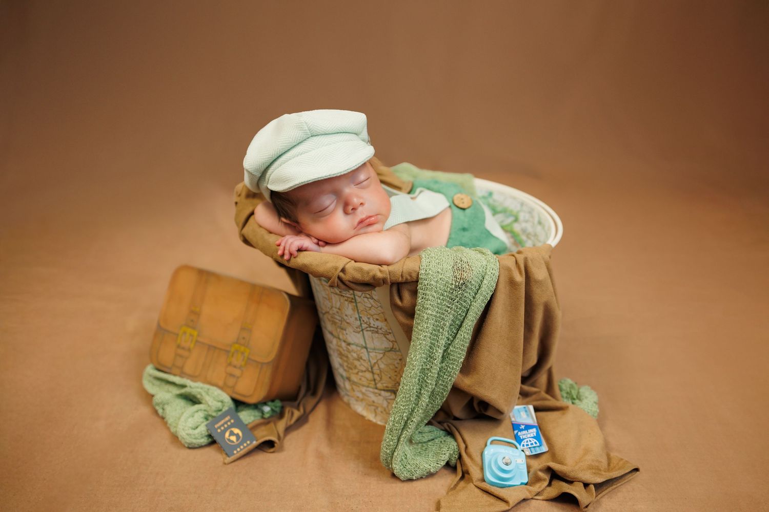 Sleeping newborn in green outfit and newsboy cap rests peacefully on vintage luggage against brown backdrop.