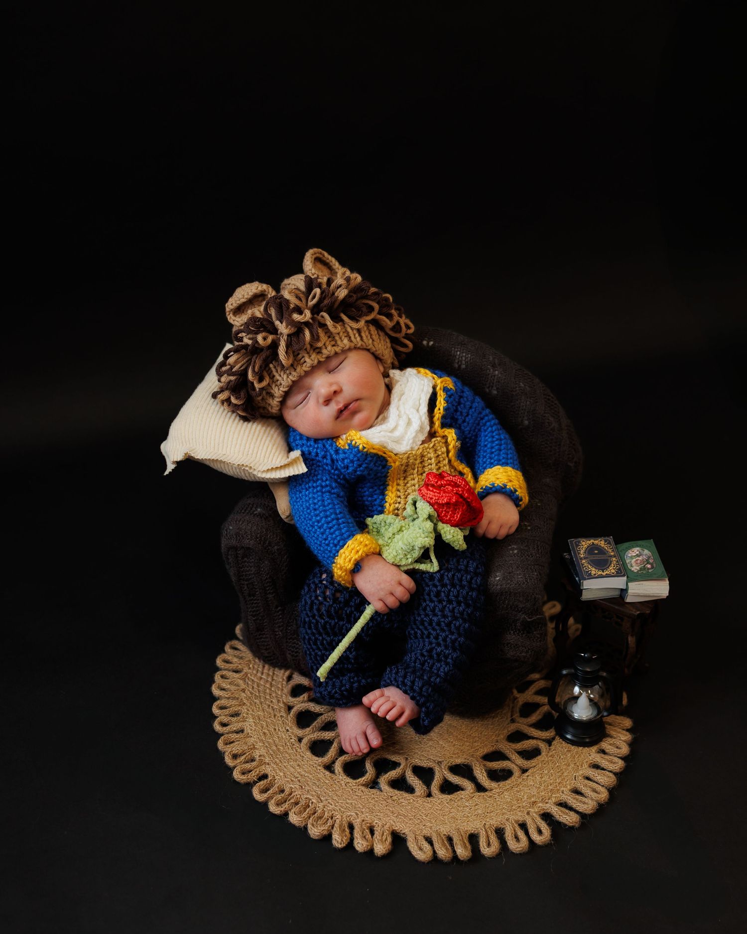 Newborn baby dressed in crocheted Beast costume from Beauty and the Beast, sleeping in tiny armchair with rose.