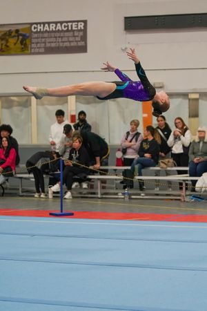 Gymnast performs high-level aerial move during floor routine competition as spectators watch from bleachers.