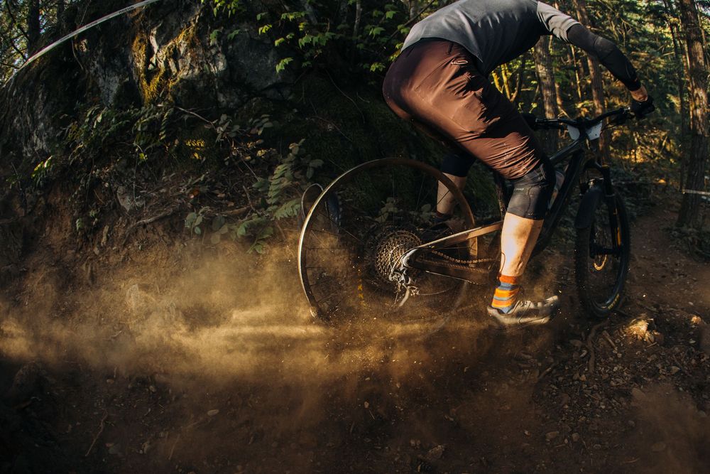 A mountainbiker navigates a rocky, leaf-covered trail in autumn sunlight while riding through dense forest terrain.