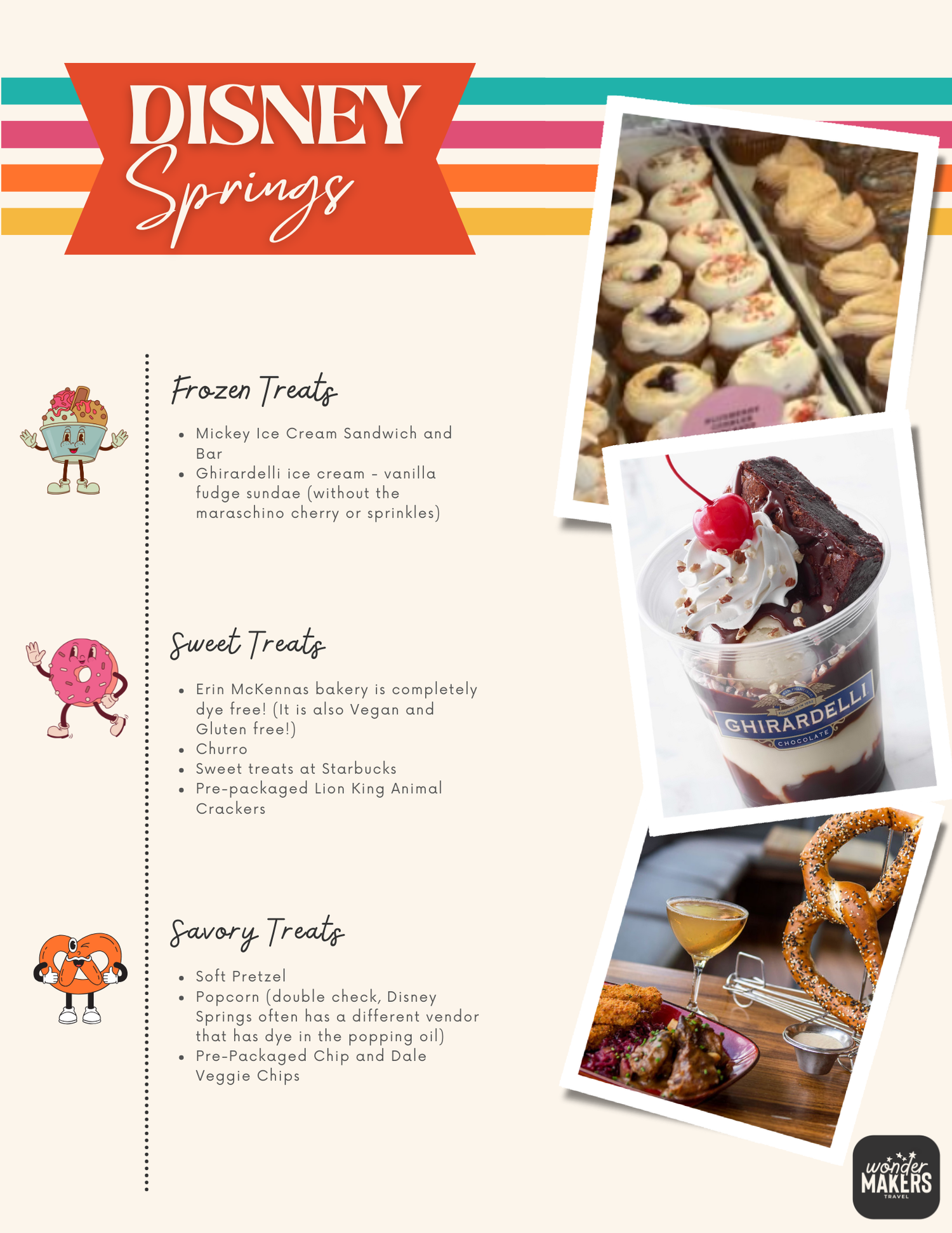 Disney Springs menu board featuring frozen treats, sweet treats, and savory treats with colorful illustrations and food photos.