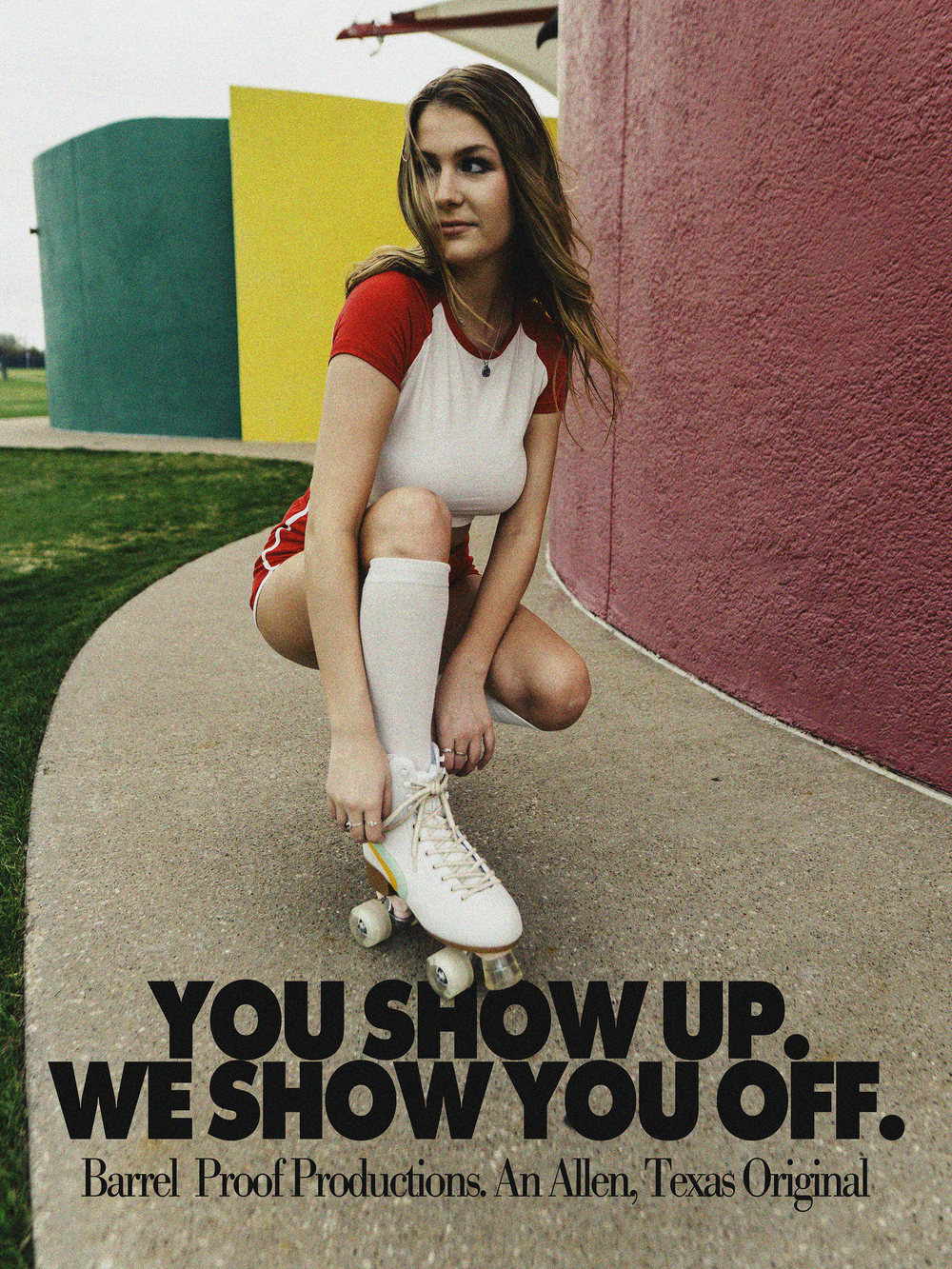 Retro-style promotional photo showing a skater in vintage sportswear posing by colorful cylindrical columns outdoors.