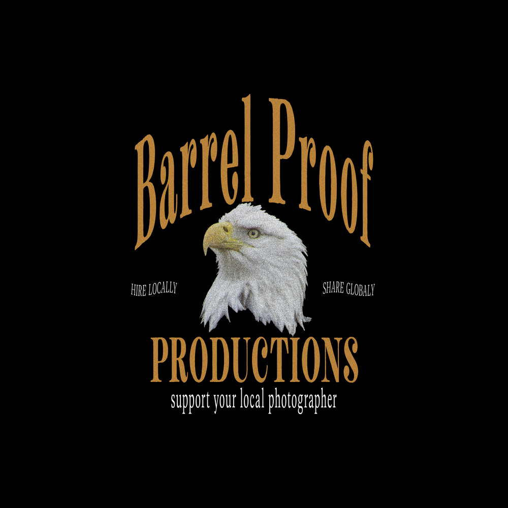 Logo design for Barrel Proof Productions featuring a white eagle head against a black background with gold text.