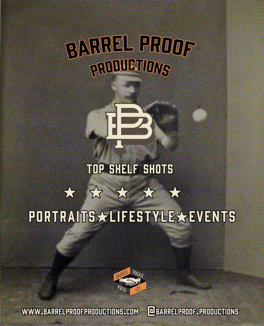 Vintage baseball-themed branding for Barrel Proof Productions showing retro player silhouettes catching a ball.