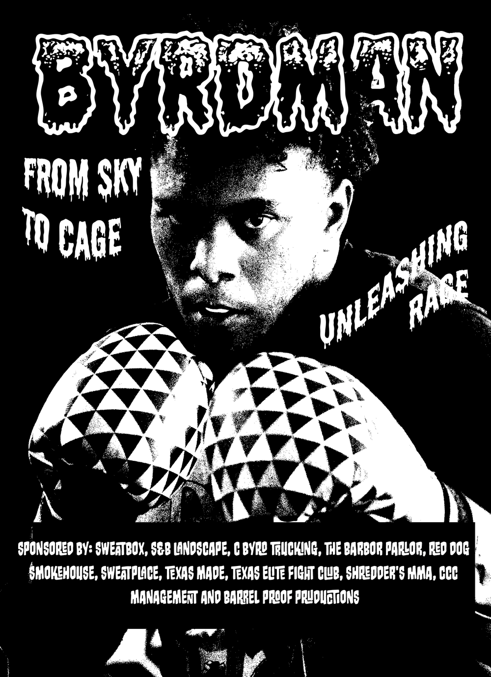 Black and white boxing promotional poster featuring geometric patterns and bold text for a cage fighting event.