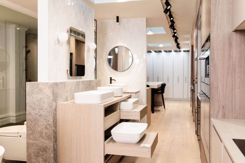 Clean modern office corridor with minimalist design elements and neutral color palette.