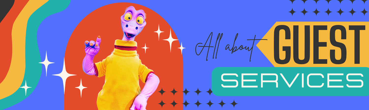Colorful banner design for Walt Disney World Guest Services with rainbow gradient and sparkle elements.