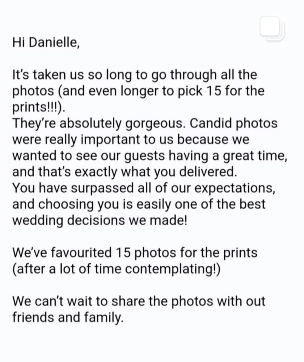 A heartfelt client review message expressing gratitude for candid wedding photography and surpassed expectations.