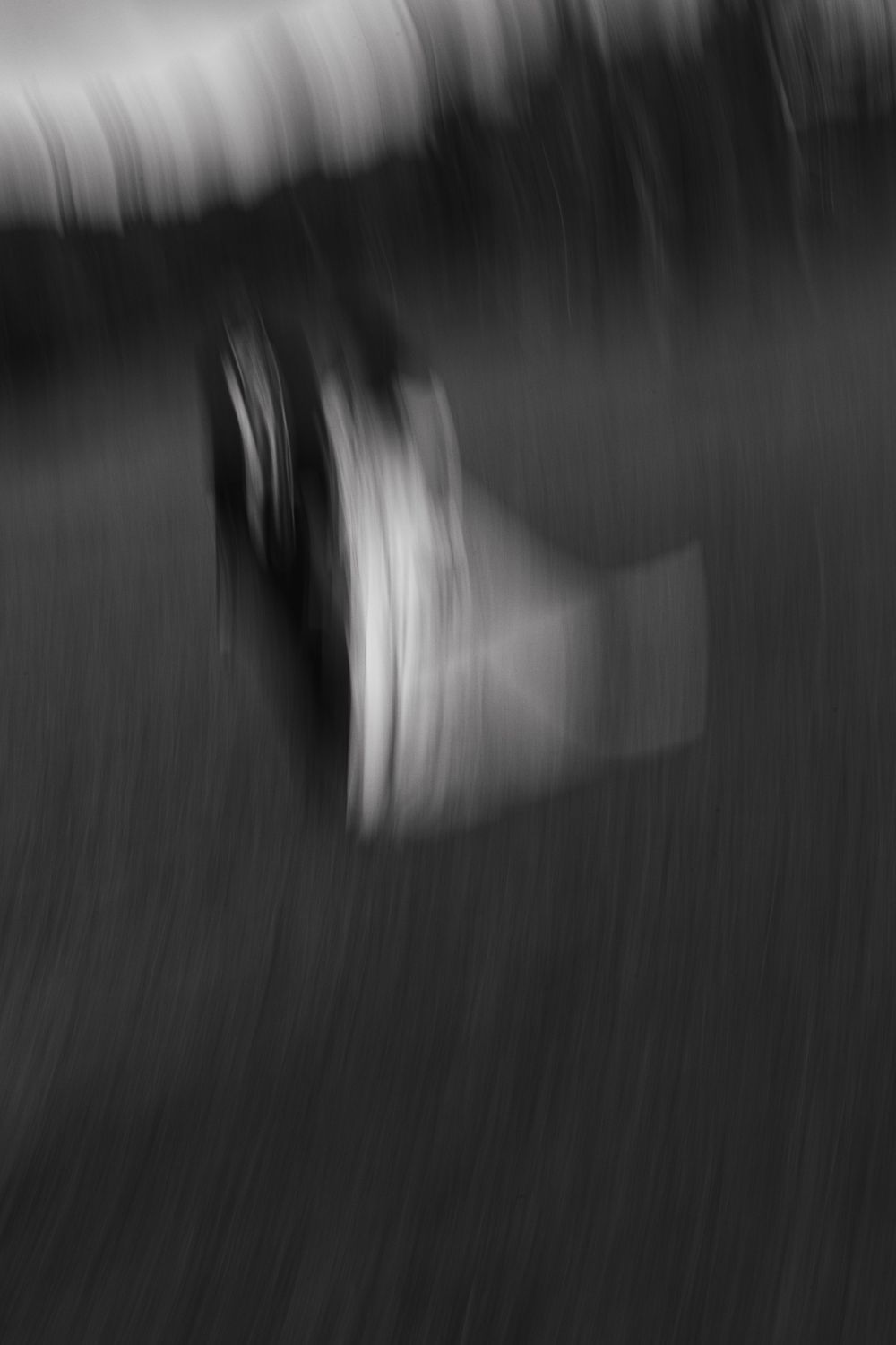 Blurred abstract black and white photograph with vertical motion creating a moody atmospheric effect.
