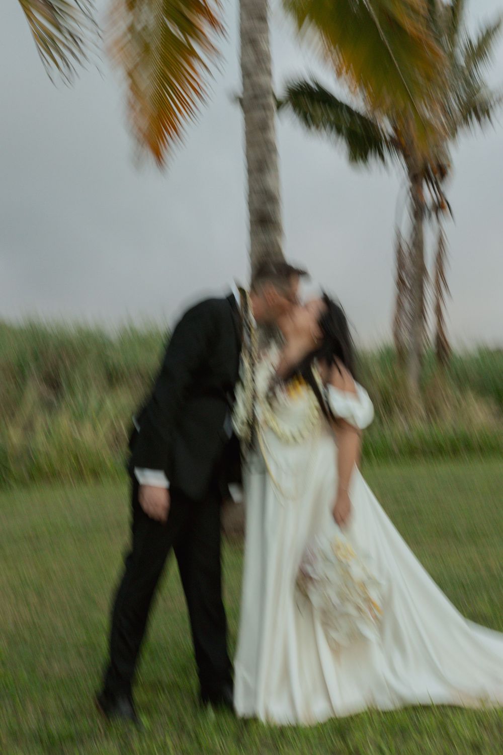 A couple in formal wedding attire dances romantically under swaying palm trees on a tropical lawn.