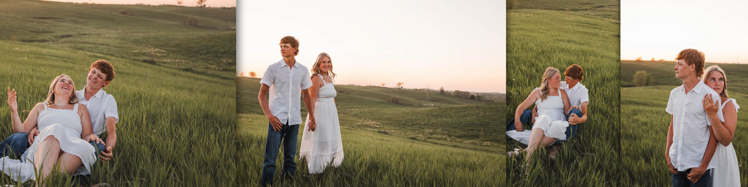 A couple in white outfits poses affectionately together in a grassy field during golden hour.