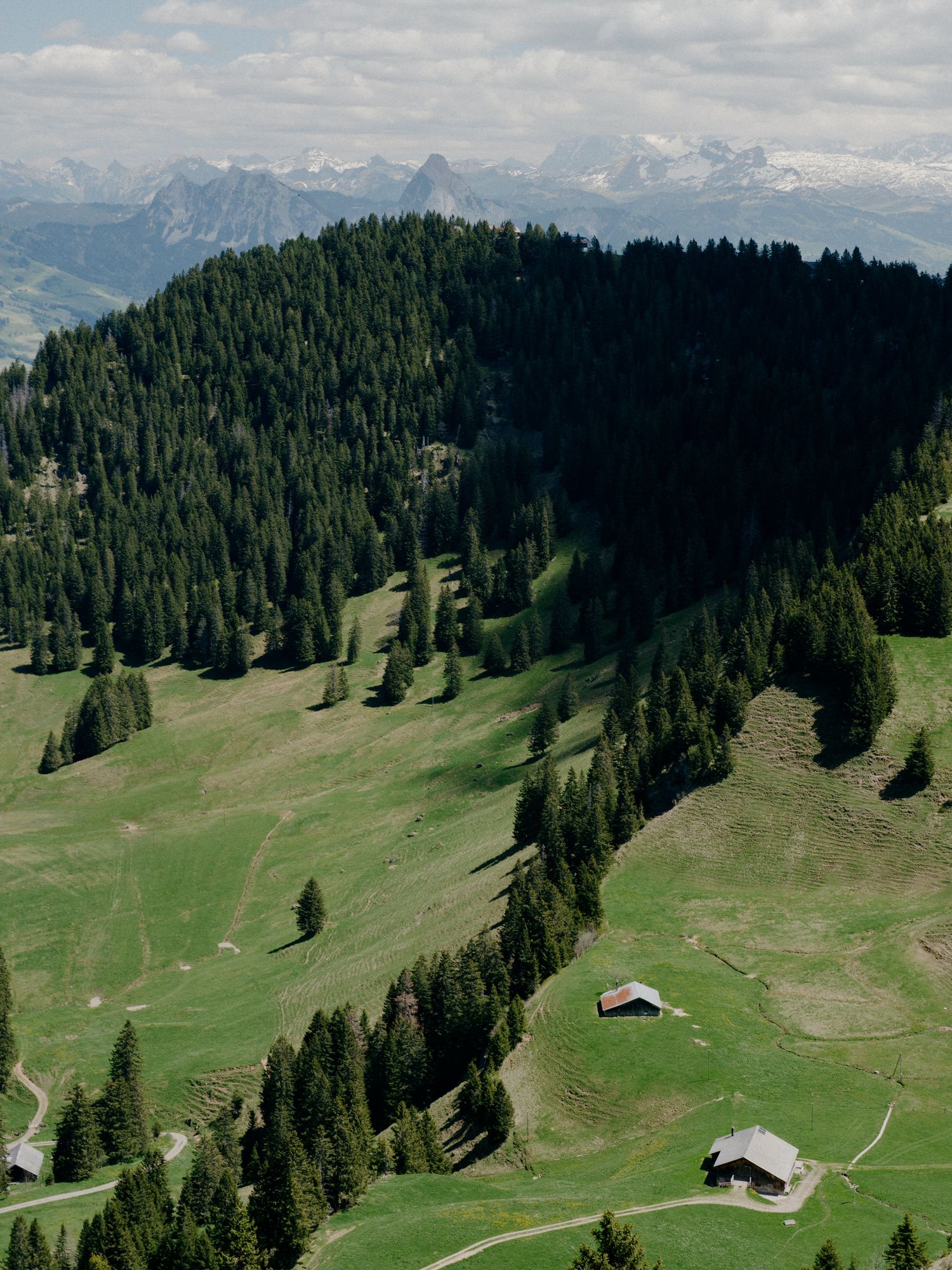 Scenic Alpine lake view with turquoise waters and forested mountains surrounding a small lakeside village.