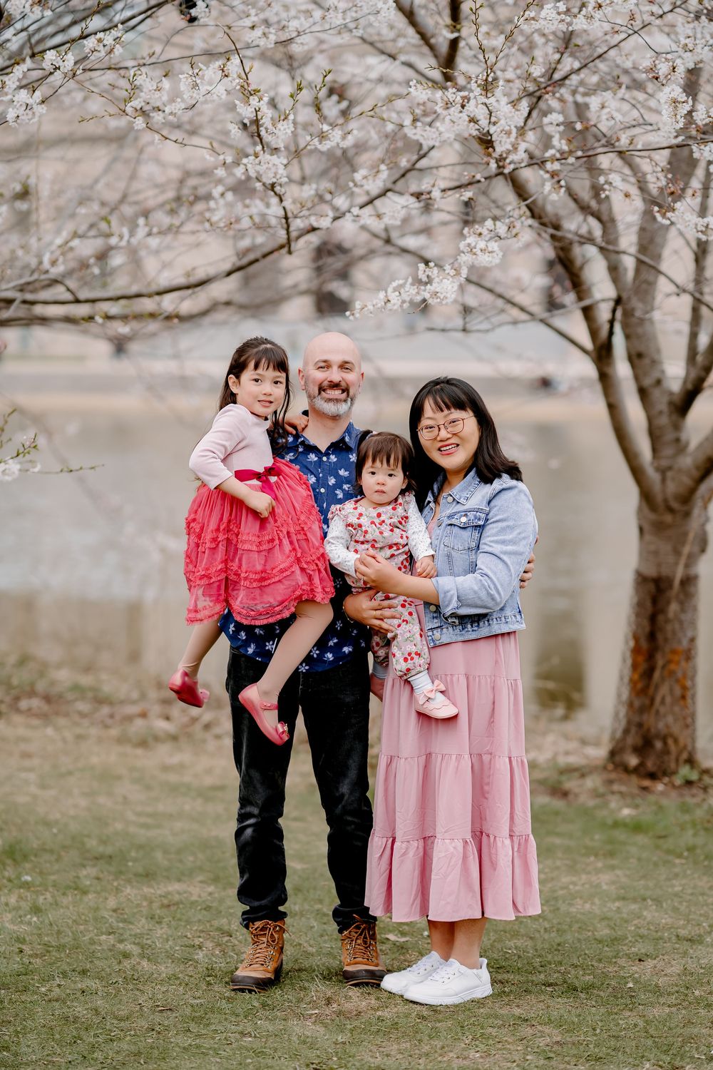 Family of four posing under blooming cherry blossom trees near a lake, parents holding two young daughters.